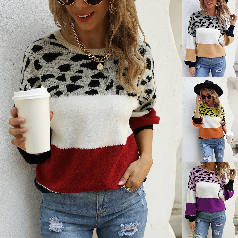 Plus Size Crew Neck Pullover Sweater with Stitching Leopard Print