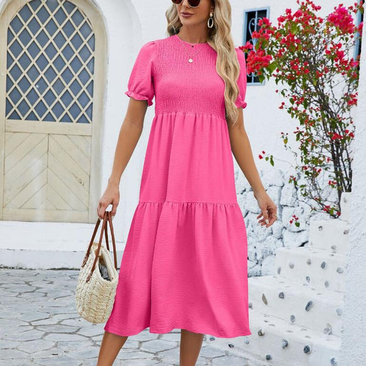 Elegant Round Neck Pleated Puff Sleeve Short Dress