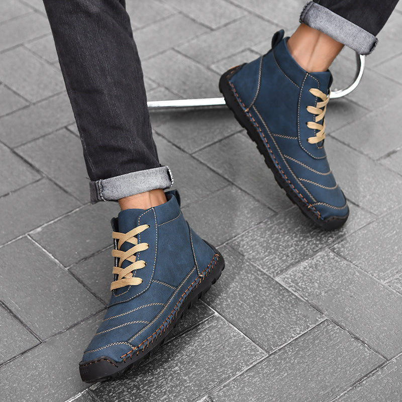 Men's Plus Size High-Top Leather Shoes with Hand Stitching