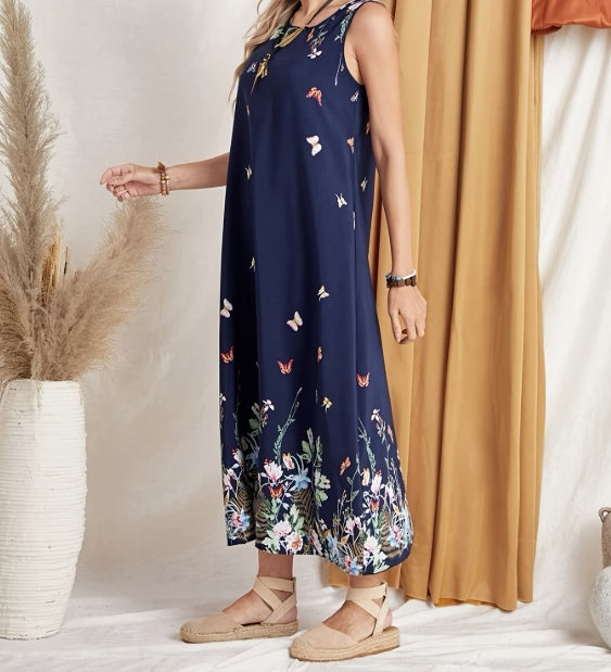 Women's Printed Butterfly Round Neck Off-Shoulder Casual Jumpsuit with Long Skirt