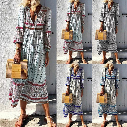 Bohemian long sleeve V-neck pullover dress