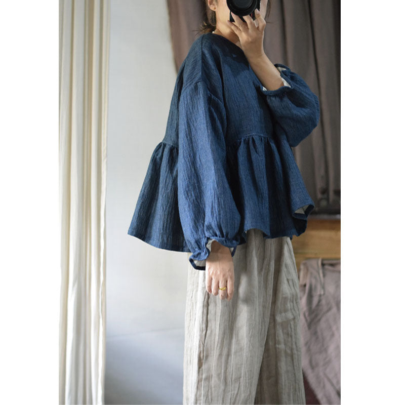 Linen French Retro Blouse: Double-Layered, Round Neck, and Timeless Chic