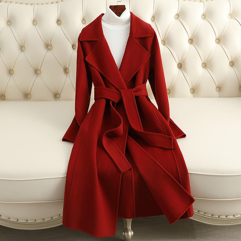 Slim-Fit Cashmere Woolen Coat, Thin and Over-the-Knee Length