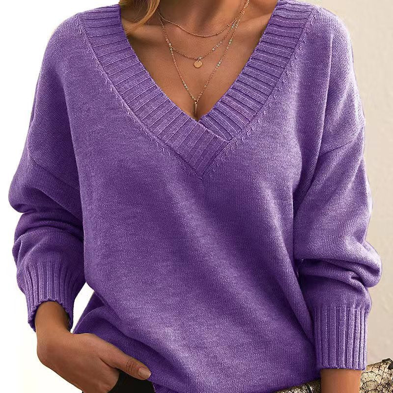 New Knitted Loose V-neck Pullover Top for Women