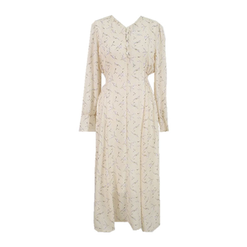 Elegant Mid-Length French Retro Dress with a Flattering Slim Waist and Charming Floral Chiffon Long Sleeves