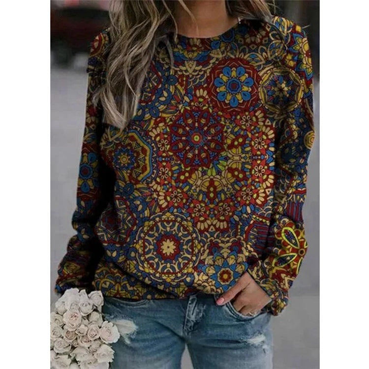 Ladies' Turtleneck Printed Round Neck Long Sleeve Sweatshirt