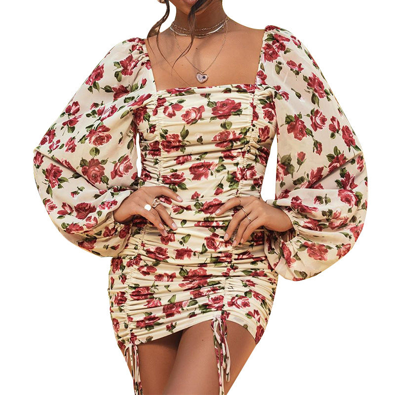 Autumn New Style Fashion Fold Print Long Sleeve Dress Women