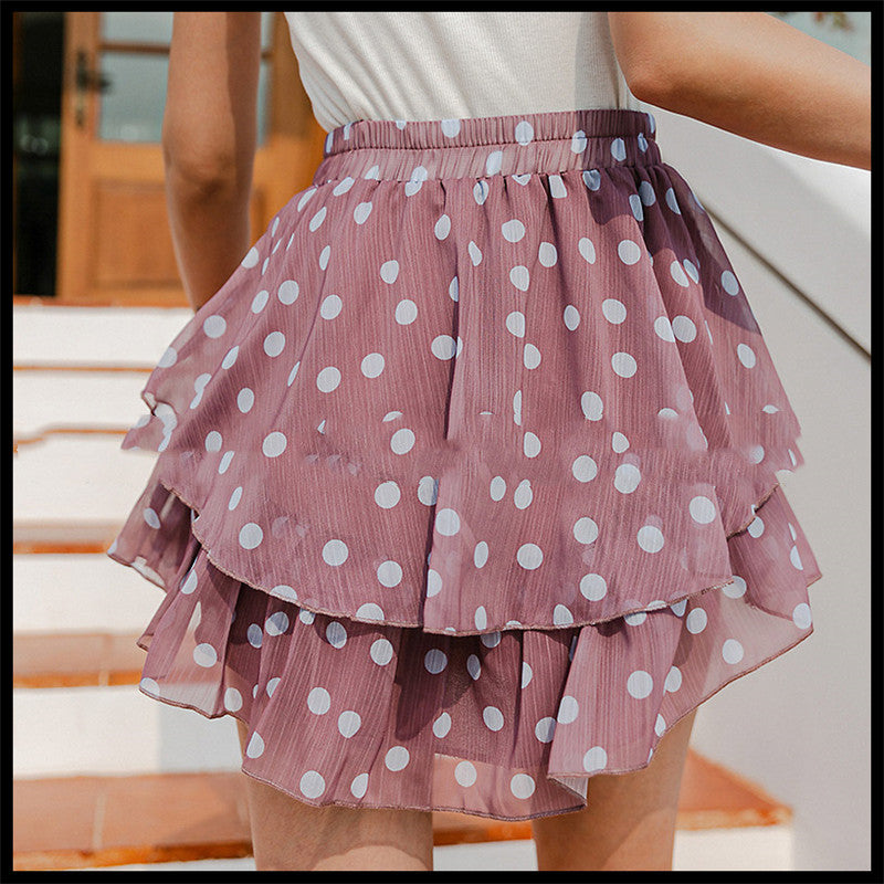High-Waist Slim Ruffle Skirt with Polka Dot Print