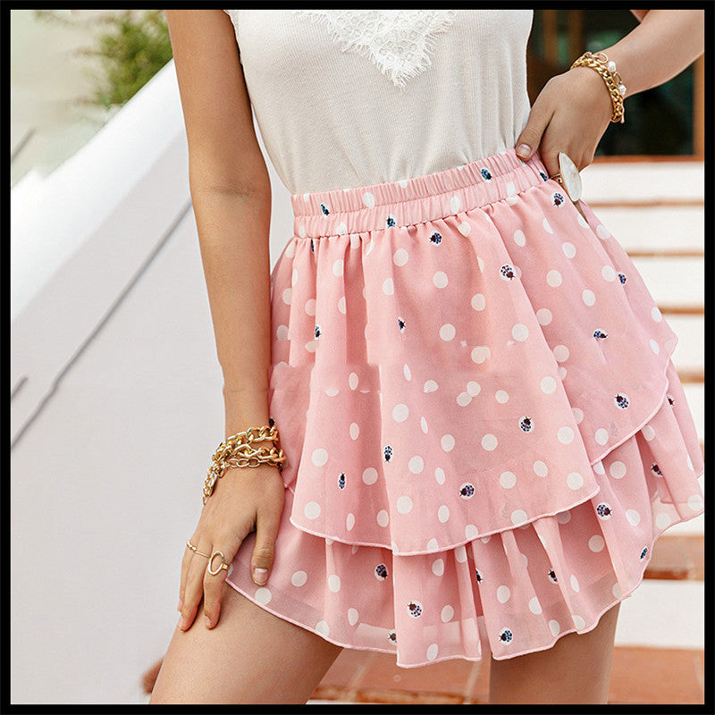 High-Waist Slim Ruffle Skirt with Polka Dot Print