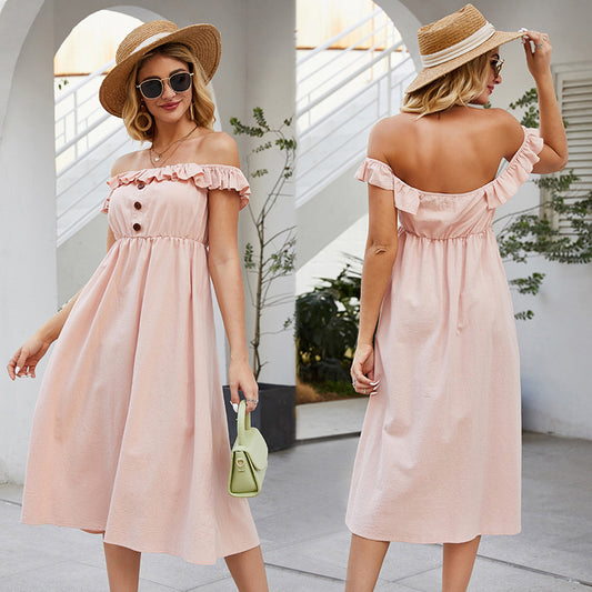 One Word Collar Stitching Ruffled Solid Color Dress