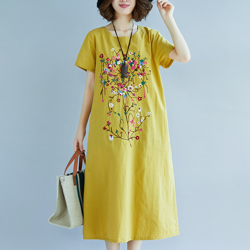 Medium Length Dress Ethnic Style Embroidery in Cotton Linen Fabric