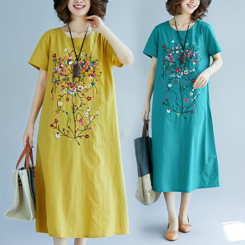 Medium Length Dress Ethnic Style Embroidery in Cotton Linen Fabric