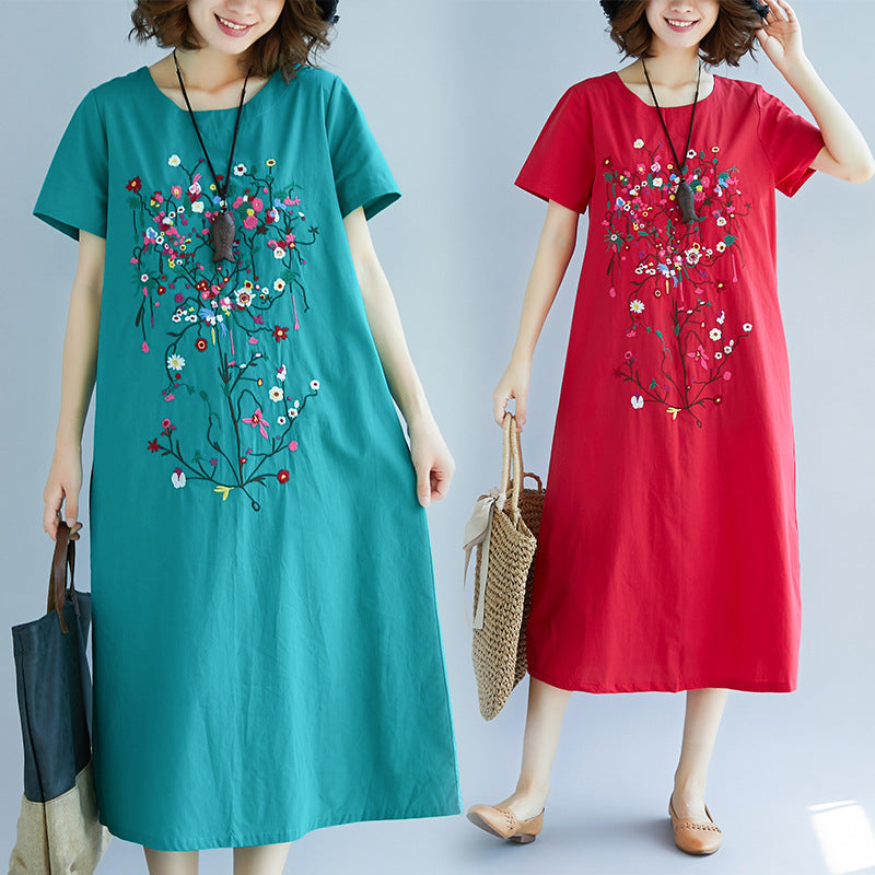 Medium Length Dress Ethnic Style Embroidery in Cotton Linen Fabric