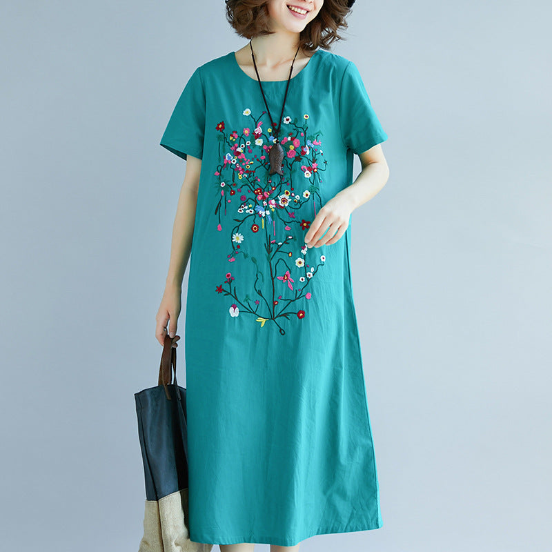 Medium Length Dress Ethnic Style Embroidery in Cotton Linen Fabric