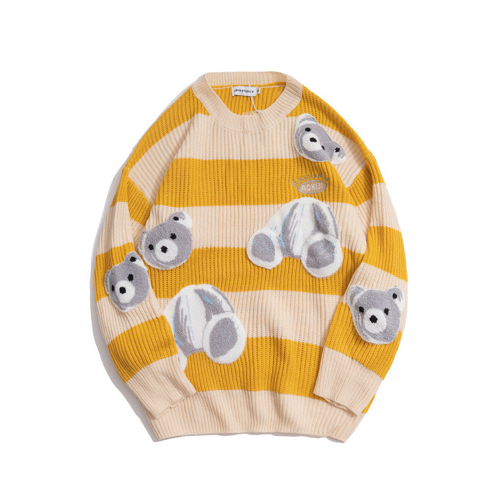 Cartoon Bear Towel Embroidery Striped Sweater