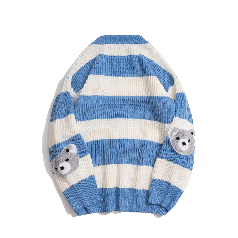 Cartoon Bear Towel Embroidery Striped Sweater