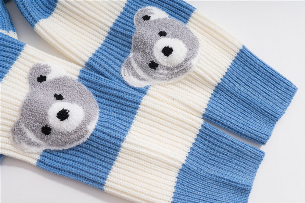 Cartoon Bear Towel Embroidery Striped Sweater