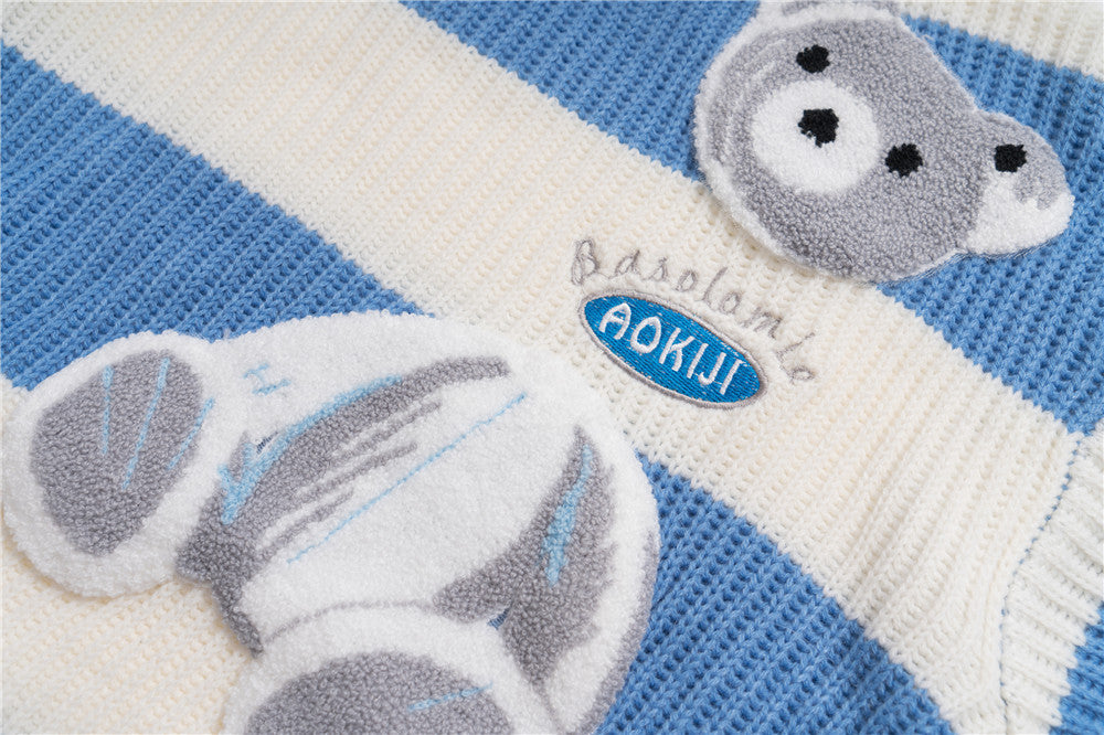 Cartoon Bear Towel Embroidery Striped Sweater