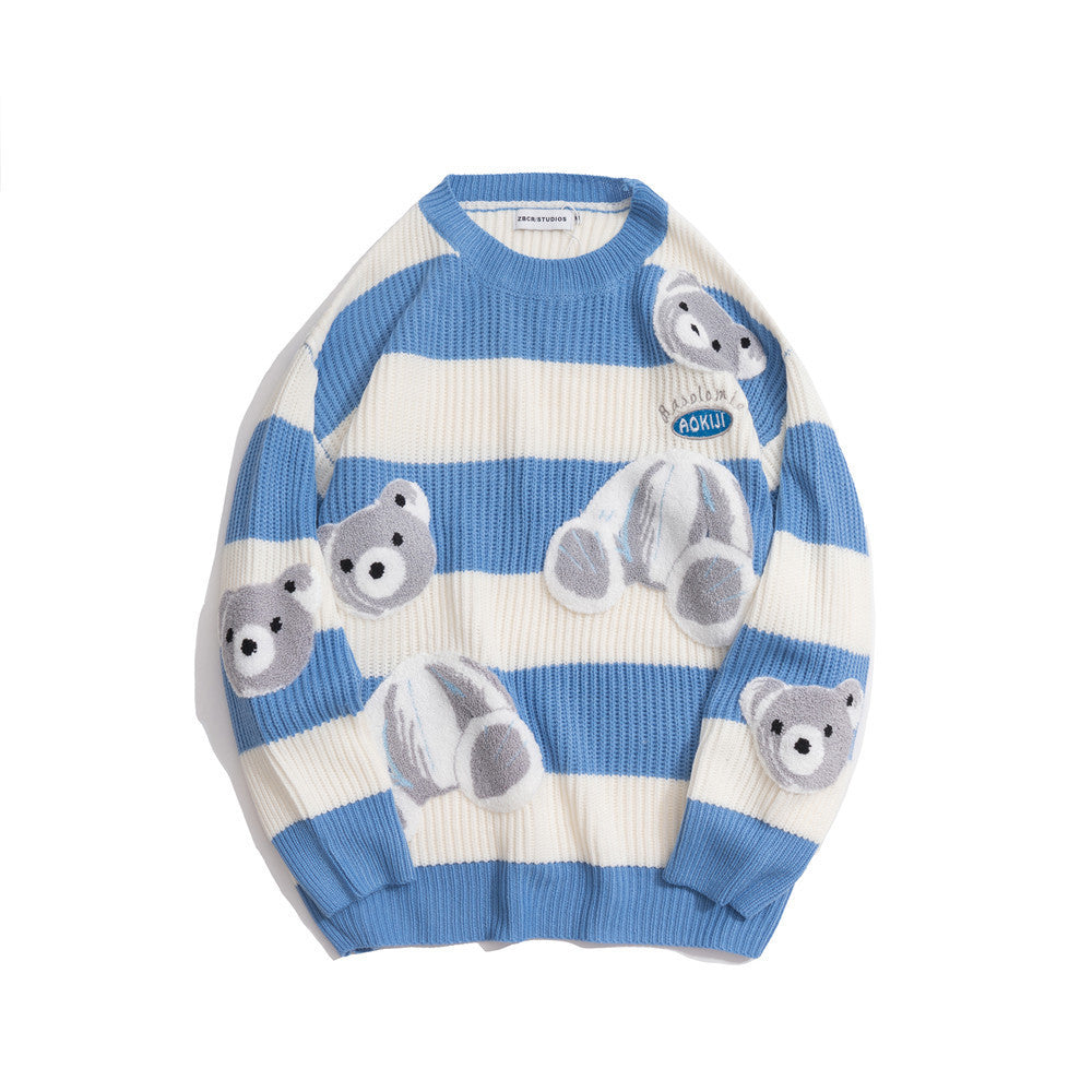 Cartoon Bear Towel Embroidery Striped Sweater