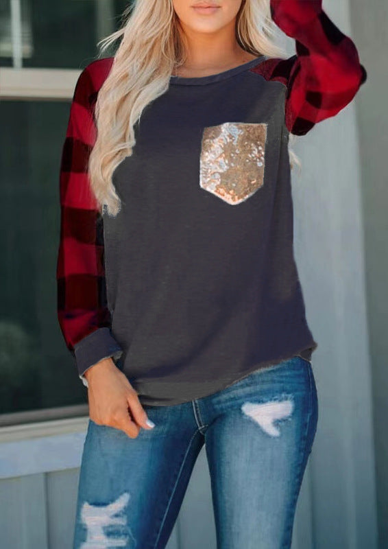 Printed Sequin Pocket Round Neck Long Sleeve T-shirt