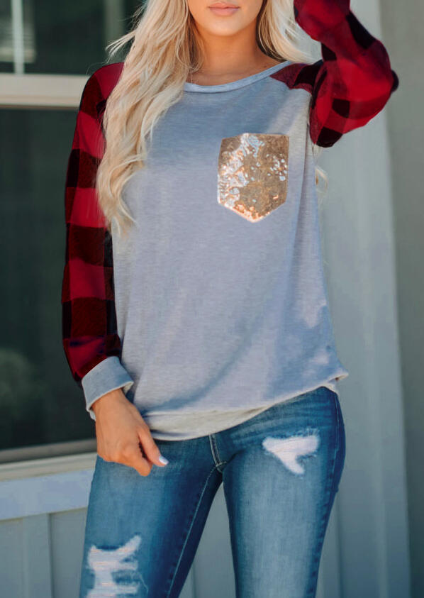 Printed Sequin Pocket Round Neck Long Sleeve T-shirt