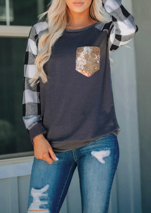 Printed Sequin Pocket Round Neck Long Sleeve T-shirt