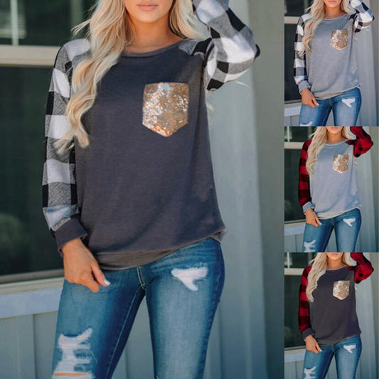 Printed Sequin Pocket Round Neck Long Sleeve T-shirt