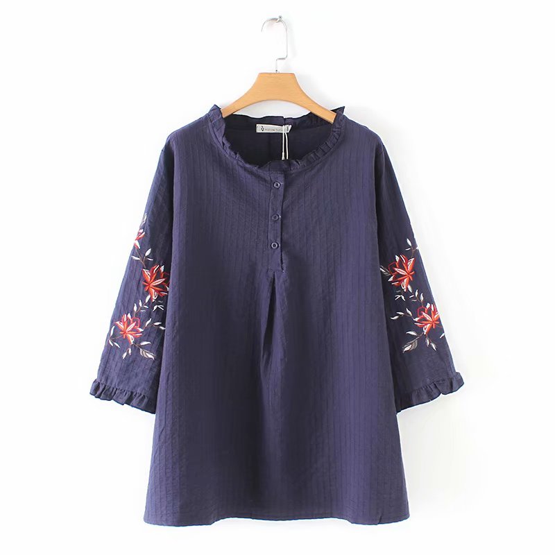 Loose Women's Embroidered Cotton Linen Quarter Sleeve Shirt