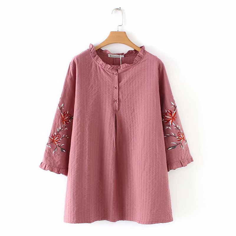 Loose Women's Embroidered Cotton Linen Quarter Sleeve Shirt