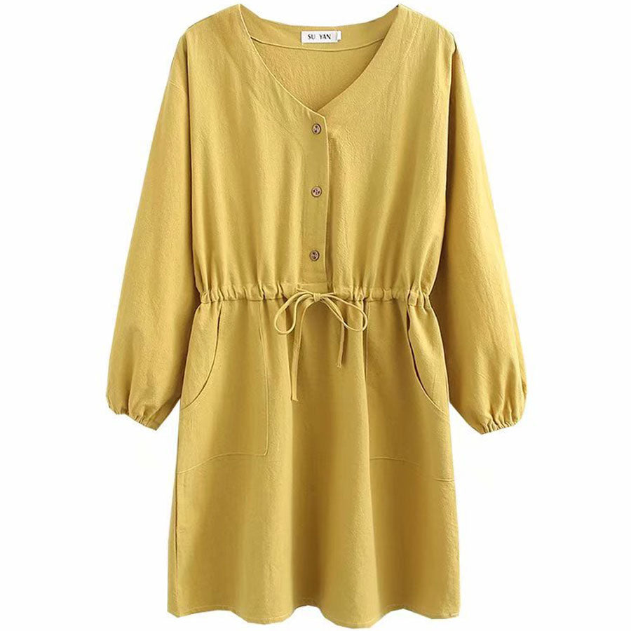 Plus Size Women's New Ladies Loose Large Cotton And Linen Waist Dress