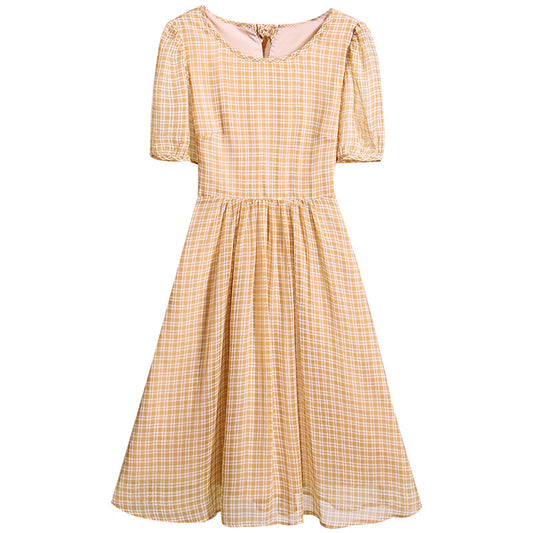 Charming Chiffon Dress with a French Retro Plaid Skirt