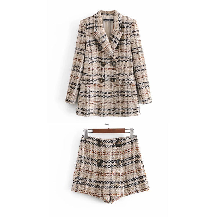 New Women's Two Piece British Style Suit Jacket And Contrast Plaid Short Suit