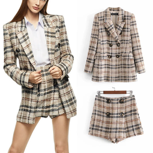 New Women's Two Piece British Style Suit Jacket And Contrast Plaid Short Suit