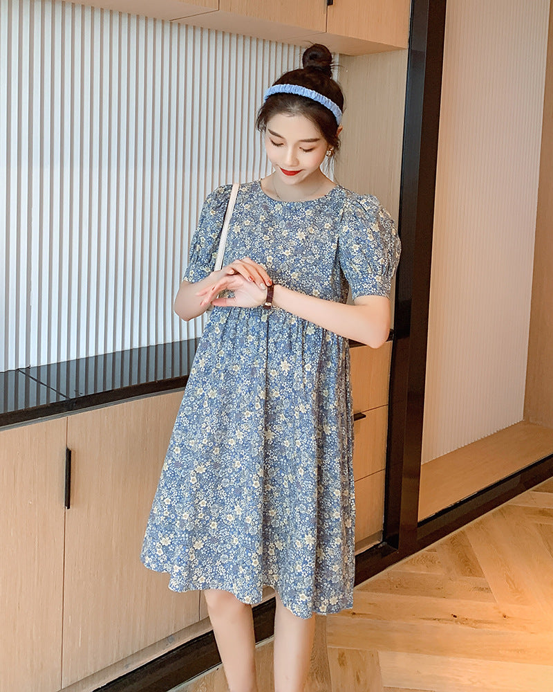 Western Style Maternity Dress Spring And Summer New Floral Dress Mid-Length Round Neck Bottoming Skirt