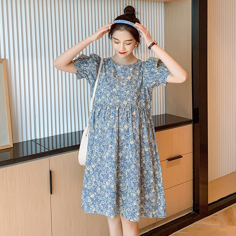 Western Style Maternity Dress Spring And Summer New Floral Dress Mid-Length Round Neck Bottoming Skirt