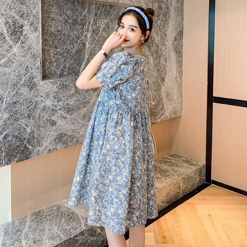 Western Style Maternity Dress Spring And Summer New Floral Dress Mid-Length Round Neck Bottoming Skirt