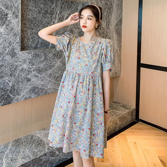 Western Style Maternity Dress Spring And Summer New Floral Dress Mid-Length Round Neck Bottoming Skirt