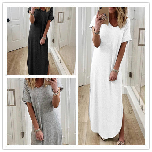 Hot Style Women'S Solid Color Hem Irregular Round Neck Dress