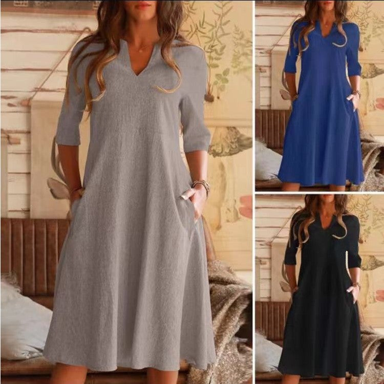 V-Neck Cotton and Linen Dress with Pockets