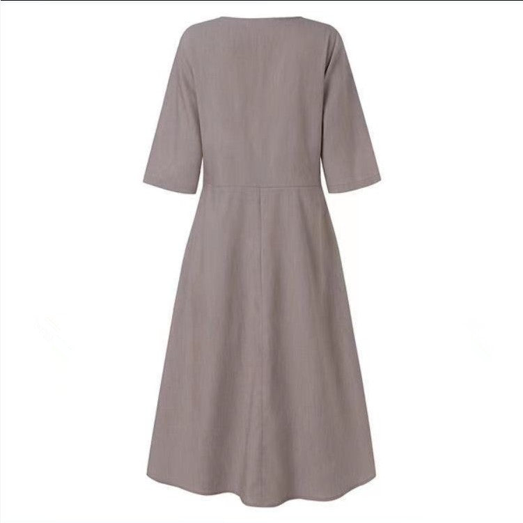 V-Neck Cotton and Linen Dress with Pockets