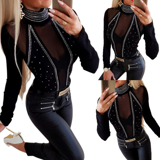 Fashionable Hot Brick Mesh Sexy Long Sleeve Top for Ladies