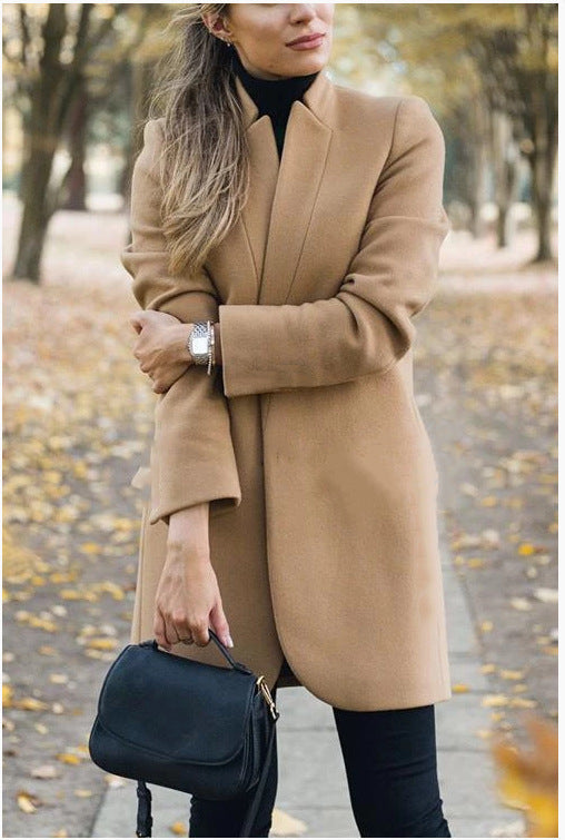 Fashion Solid Color Woolen Jacket with Stand-Up Collar for Fall and Winter