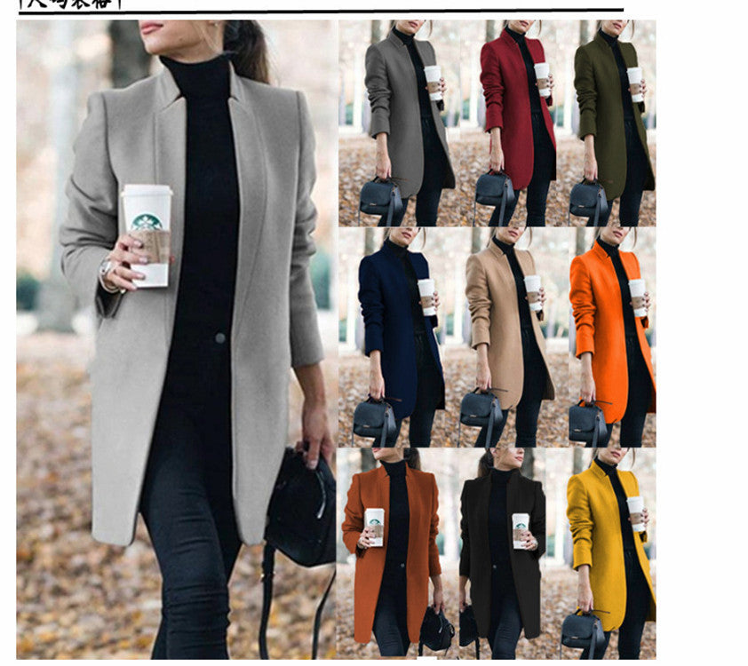 Fashion Solid Color Woolen Jacket with Stand-Up Collar for Fall and Winter