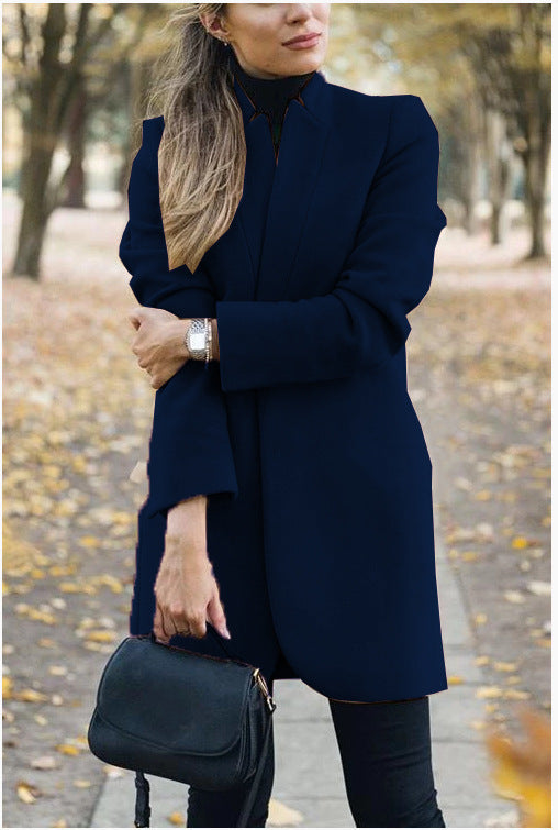 Fashion Solid Color Woolen Jacket with Stand-Up Collar for Fall and Winter