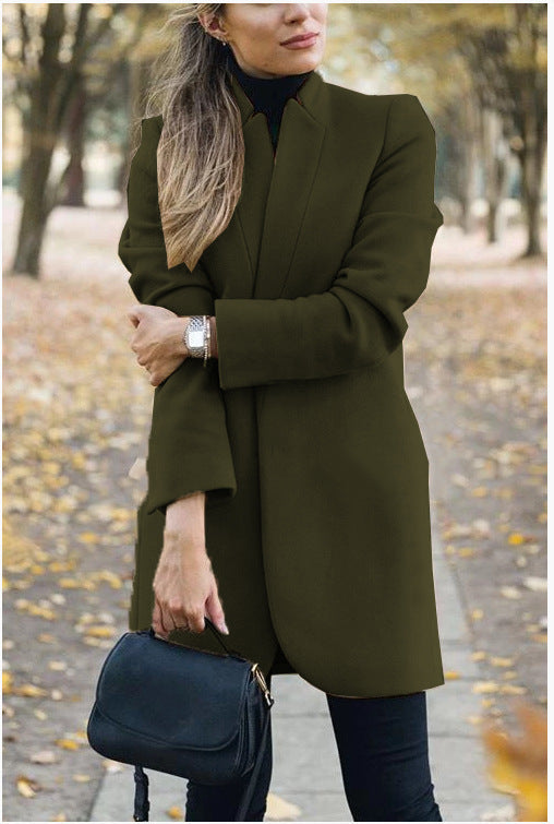 Fashion Solid Color Woolen Jacket with Stand-Up Collar for Fall and Winter