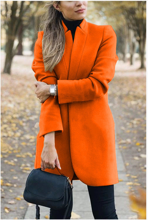 Fashion Solid Color Woolen Jacket with Stand-Up Collar for Fall and Winter