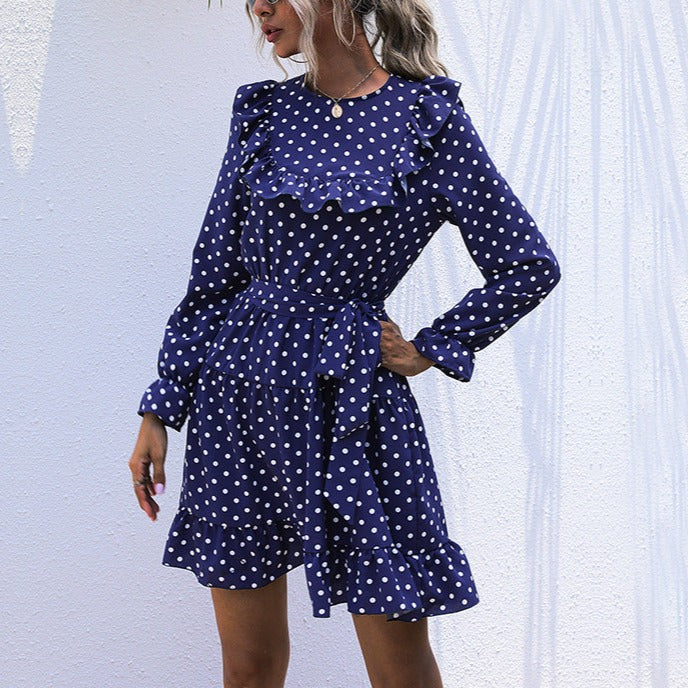 Long-Sleeved Polka Dot Dress with Ruffled Lace-Up Skirt