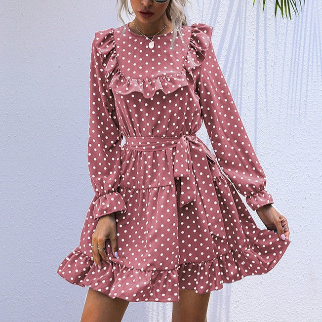 Long-Sleeved Polka Dot Dress with Ruffled Lace-Up Skirt