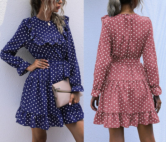 Long-Sleeved Polka Dot Dress with Ruffled Lace-Up Skirt