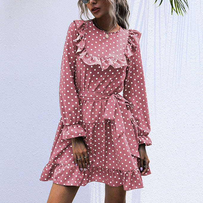 Long-Sleeved Polka Dot Dress with Ruffled Lace-Up Skirt